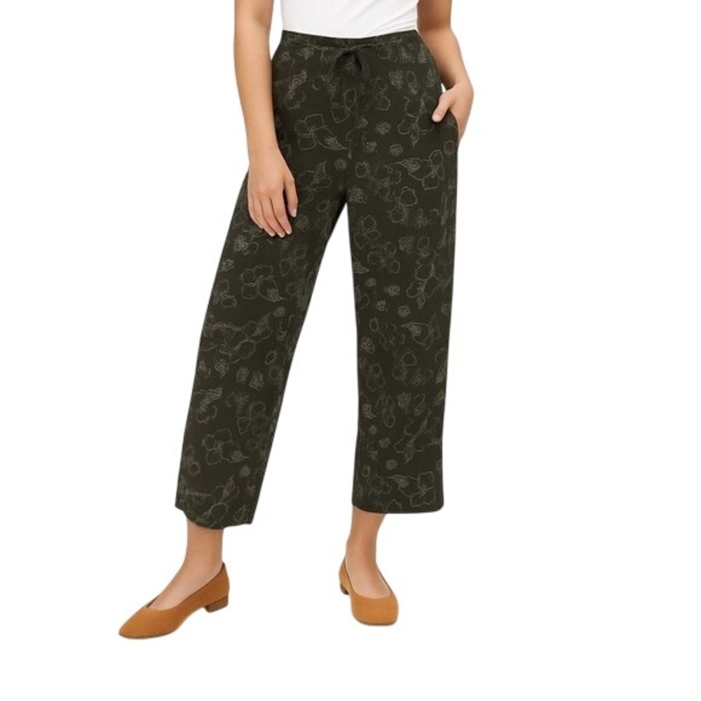 Sag Harbor Crop Pant Women Small Black Floral New Linen Blend Wide Leg Tie Waist